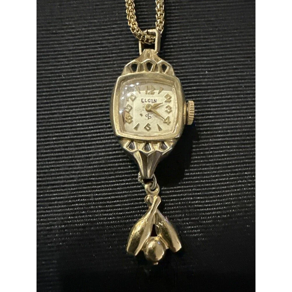 Vintage Elgin Women's Watch 10k RGP Bezel Stainless Back Gold Tone Necklace 30”